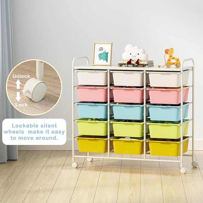 15 Drawers Rolling Cart With Wheels, Plastic Storage Drawer With Metal Frame - Image 5