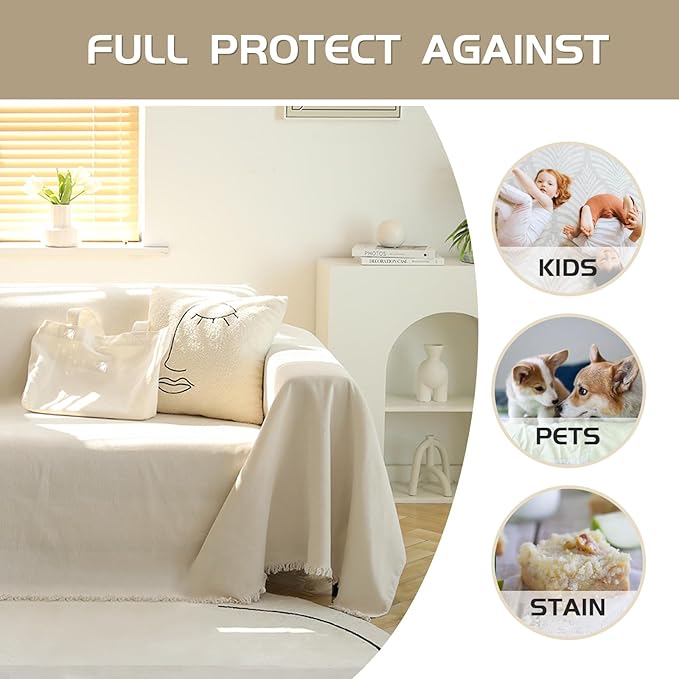 MEETSKY Oversized Couch Cover Sofa Cover for 3 Cushion Couch Sofa ，Washable Sofa Covers for Living Room Sectional Sofa Covers for Dogs Couch Protector, 91" x 150", Beige