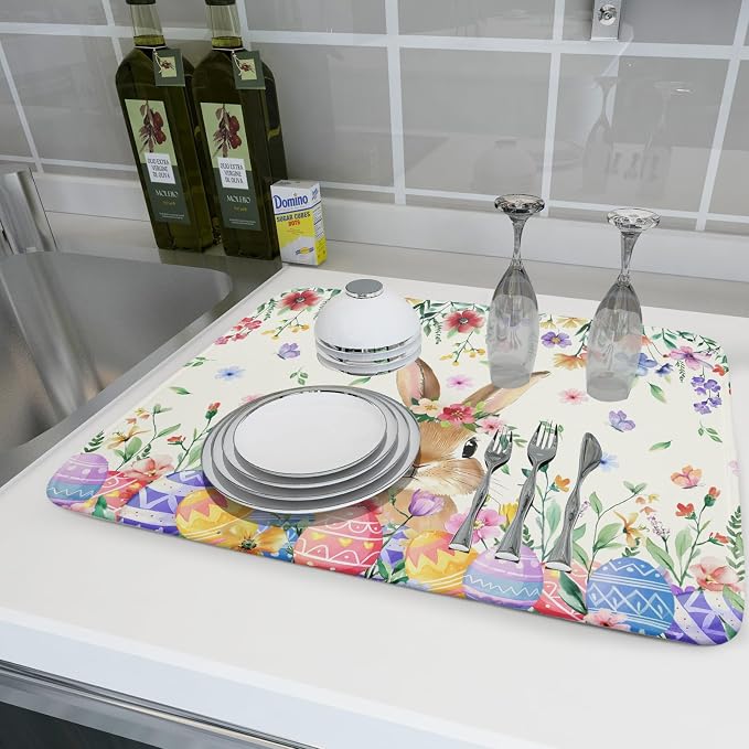 Giwawa Easter Rabbit Dish Drying Mat Spring Flower Dish Drainer Rack Mats 18x24 - Image 6