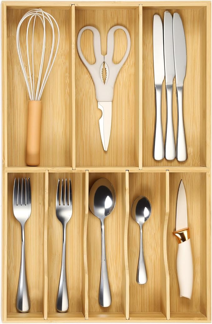 Fabsome Silverware Organizer for Kitchen Drawers, 2.5'' Deep 12.8'' Wide Bamboo by Fabsome