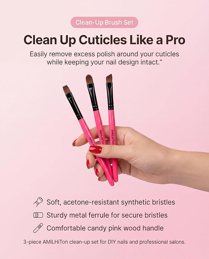 3PCS Nail Clean-Up Brushes, Round/Angled/Flat, Acetone-Resistant Cuticle Polish - Image 2