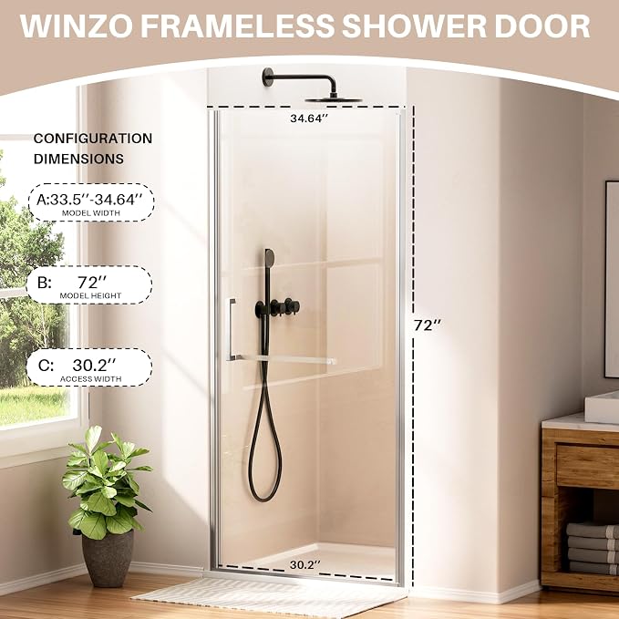 WinZo 33-34" W ×72" H Frameless Pivot Shower Door, Pivot Swing Shower Glass - Image 6