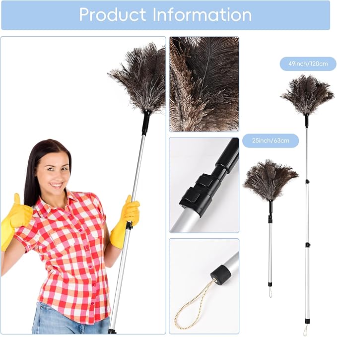 THARAHT Extendable Ostrich Feather Duster up to 25-49 inches Fluffy Feathers - Image 2