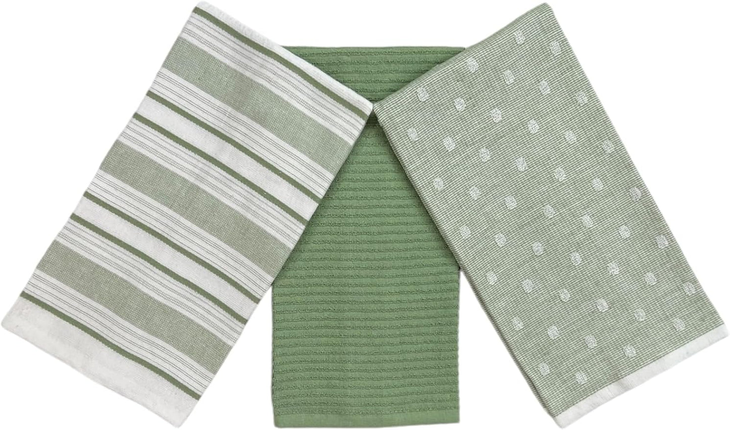 Sage Green White Kitchen Hand Dish Towels: Oversized 28" x 16", 100% Cotton by SerafinaHome