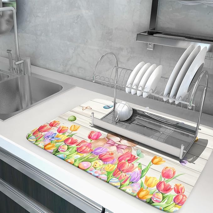 Easter Bunny Dish Drying Mat 18x24 inch Eggs Floral Fast Drying Pad Washable - Image 5