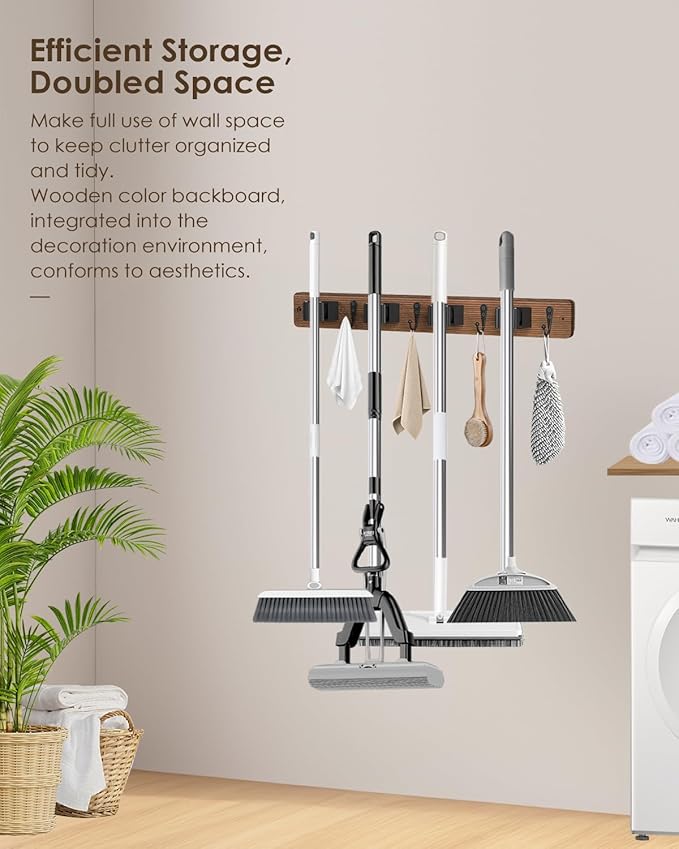 Broom Holder Wall Mounted, 4 Holders and 4 Hooks Mop Holder, Wooden Mop and - Image 5