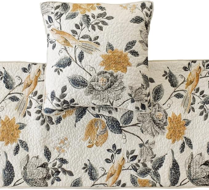 The HomeCentric King/Queen/Twin Blue & Ivory Designer King 90"x18" Bed Runner with 2 Pillow Cover, Bird, Pearl & Quilted Bed Scarf on Linen Fabric - Vintage Birdena