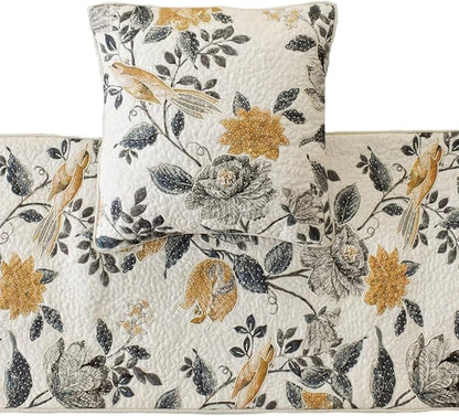 The HomeCentric King/Queen/Twin Blue & Ivory Designer King 90"x18" Bed Runner with 2 Pillow Cover, Bird, Pearl & Quilted Bed Scarf on Linen Fabric - Vintage Birdena
