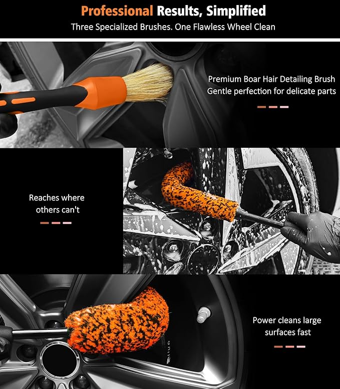 YeewayVeh 3PCS Quick Car Wheel Brush Kit, 2-Size 360° Bendale Rim Cleaner - Image 2