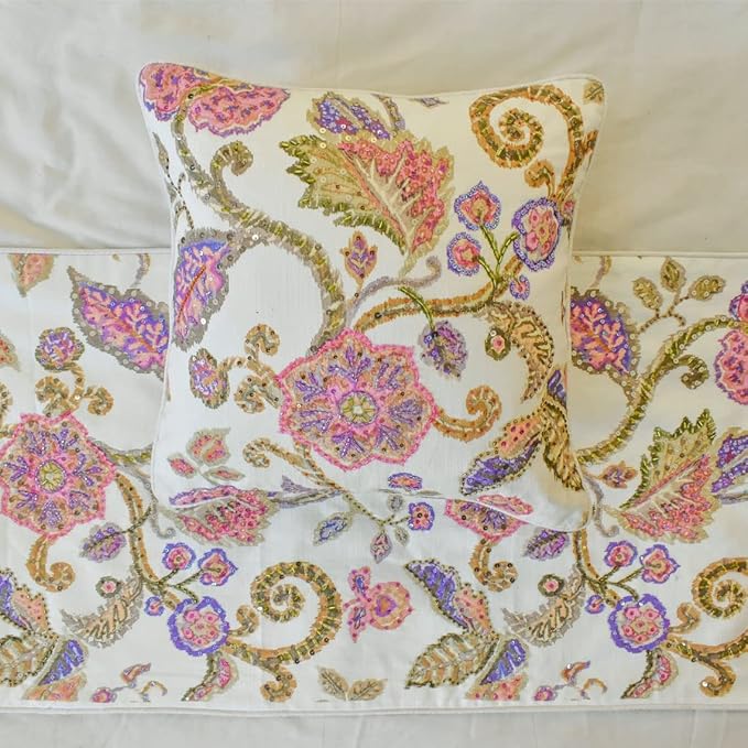 The HomeCentric King/Queen/Twin White & Pink Designer King 90"x18" Bed Runner with 2 Pillow Cover, Floral, Printed, Sequins, Beaded, Embroidery & Handmade Bed Scarf on Cotton Fabric - Aster