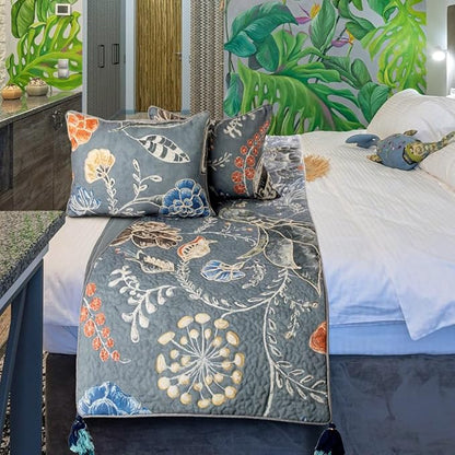 The HomeCentric Blue Bed Runner, Twin Size 53"x18" Decorative Bed Runner with Matching Pillow Cover, Blue Linen Bed Scarf in Quilted Peacock, Linen & Jute Embroidery - Peacock Willow