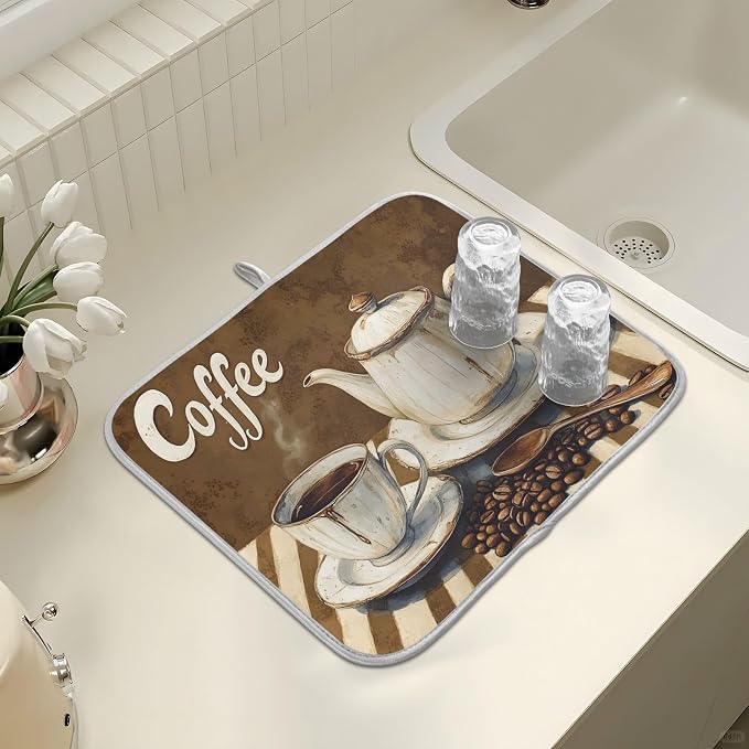 Coffee Themed Dish Drying Mat for Kitchen Counter Absorbent Microfiber Large - Image 7