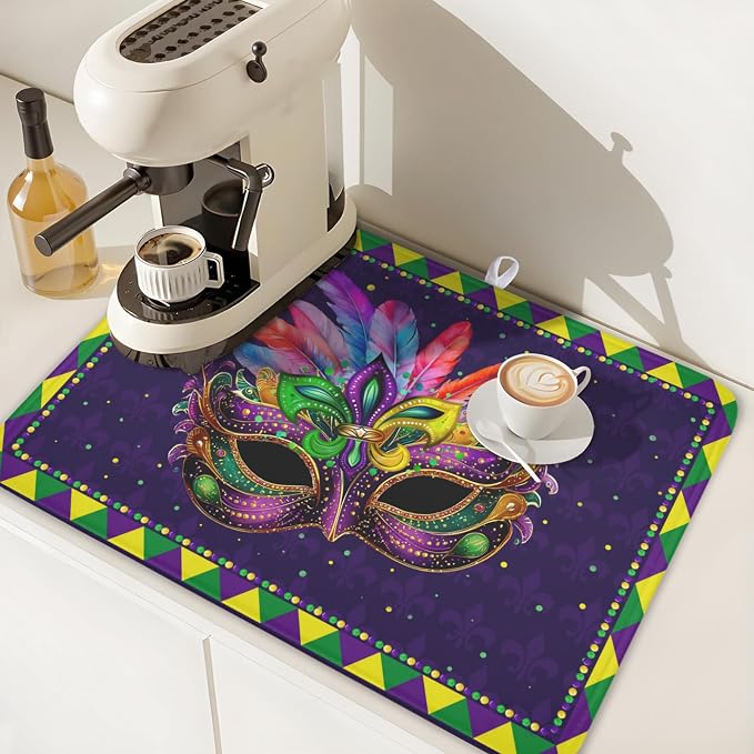 Mardi Gras Dish Drying Mat for Kitchen Counter Masquerade Mask Feather Drying - Image 7