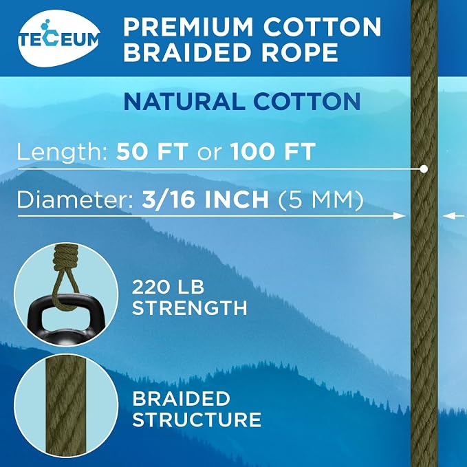 TECEUM Cotton Rope 3/16” – 50 FT – Strong All-Purpose Braided Rope – Natural - Image 2