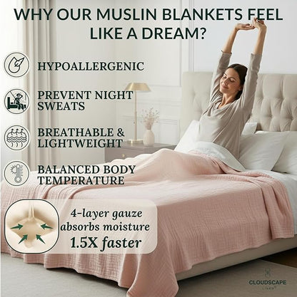 Cloud Scape Linen 4 Layer Oversized Muslin Blanket King Size - 100% Cotton, Lightweight & Breathable All Season Blanket for Bed, fits California King, 92x108, Seashell Pink