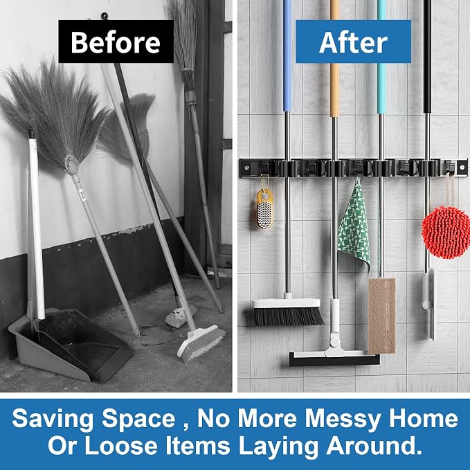 Piyl Mop and Broom Holder Wall Mount Metal Heavy Duty Utility Hooks Broom - Image 2