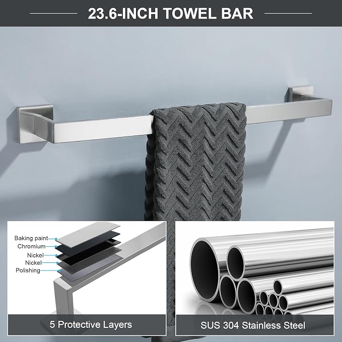 TQKAG 6-Piece Bathroom Towel Bar Sets Brushed Nickel 23.6 inch Towel Bar - Image 2