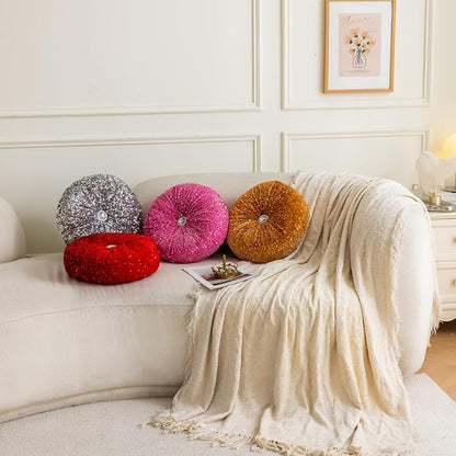 Round Throw Pillow, 13.7" Soft Glitter Sequin Pleated Pumpkin Decorative Round Pillow Circle Floor Pillow Cushions for Sofa Bed Chair Living Room Floor Home Decoration, Yellow