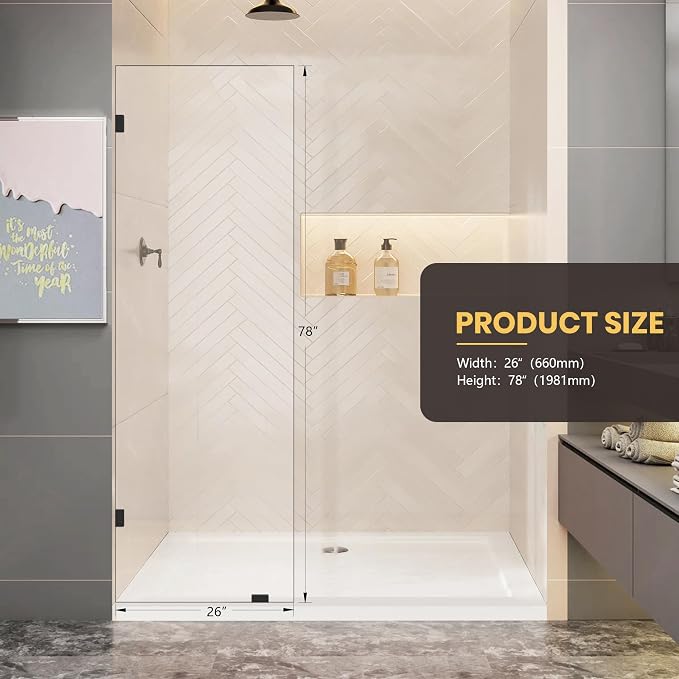 26" W x 78" H Frameless Shower Glass Panel, Single Fixed Shower Panel Screen - Image 3