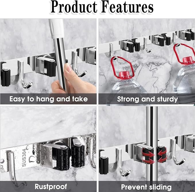 AceMining 5 Racks and 4 Hooks Mop and Broom Holder Wall Mount, Broom Organizer - Image 2