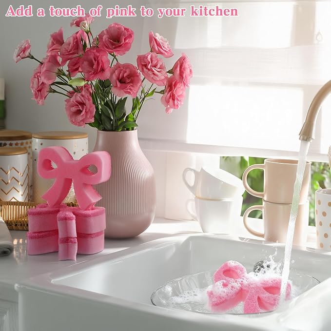 Tioncy 12 Pack Pink Bow Kitchen Sponges Bulk Pink Coquette Dual Sided - Image 2