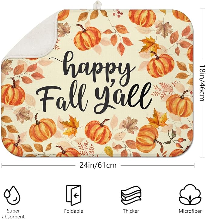Fall Dish Drying Mat for Kitchen Counter, Autumn Pumpkin Maple Leaf Pattern - Image 2