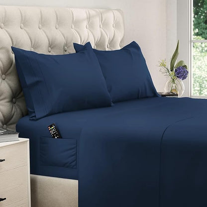 DREAMCARE King Size Sheets Set - Cooling Bed Sheets - 4pcs Set - up to 15" Deep Pocket King Sheet Set – Soft & Long Lasting Cooling - 100% Fine Brushed Polyester with Side Pocket - Navy Blue