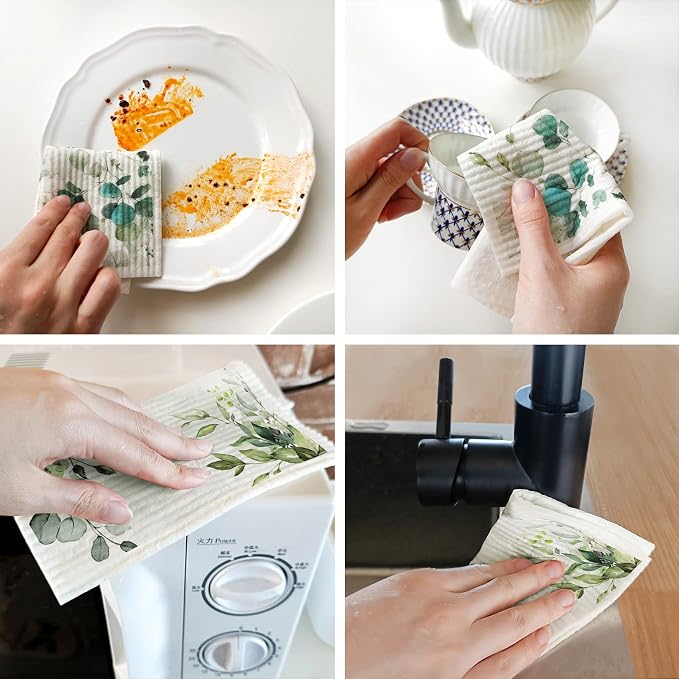 Morigins 6 Pieces Swedish Kitchen Dishcloths Green Eucalyptus Cleaning Cloths - Image 5