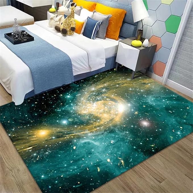 Green Galaxy Theme Large Area Rug for Living Dinning Room 5 x 8ft Starry Sky Bedroom Rugs Soft Hallway Floor Mat Non-Slip Washable Carpet