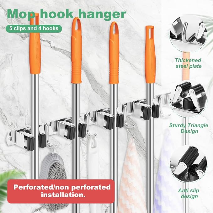2Pcs 5 Racks 4 Hooks Stainless Steel Broom Mop Holder Anti Slip Wall Mount - Image 3