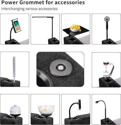 Removable Sofa Armrest with Cup Holder, PU Leather Multifunctional Couch Caddy Storage Arm Rest with Power Wireless Charging Stand & LED Reading Light for Sofa Middle Seat Adjustable
