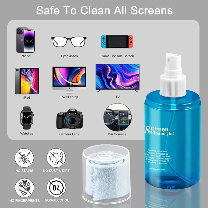 walrfid 2 Pcs Car Screen Cleaner Spray and Wipe, TV Computer Laptop Touchscreen - Image 6
