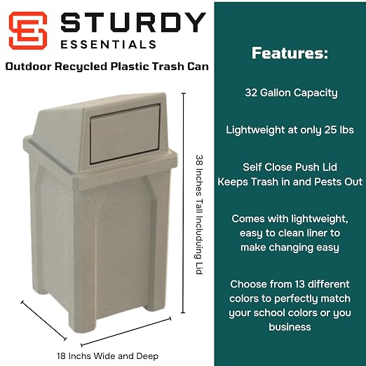 32 Gallon Square 100% Recycled Plastic Heavy Duty Commercial Outdoor or Indoor - Image 2