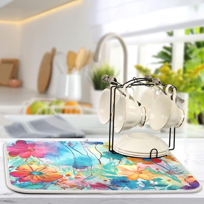 Colorful Beautiful Flowers Dish Drying Mat - Image 6