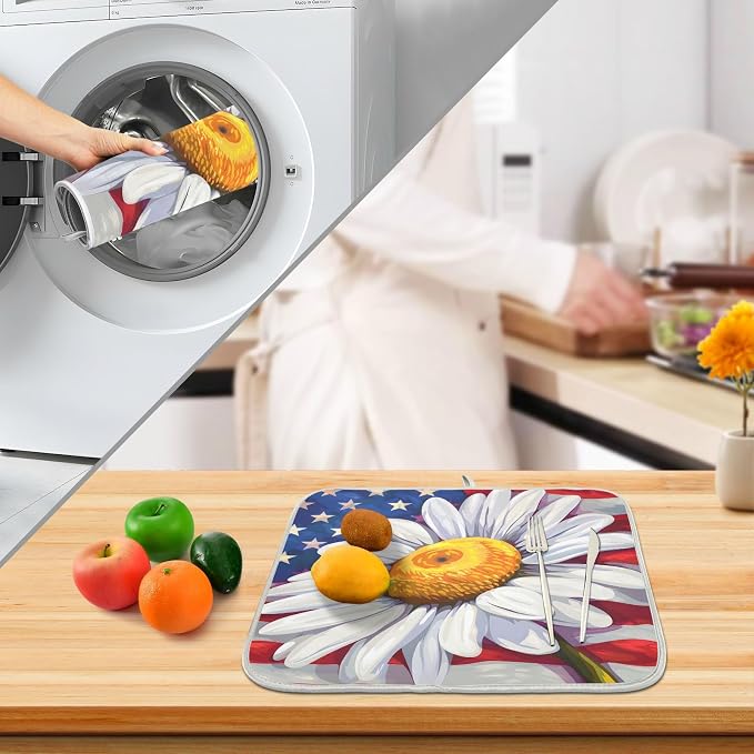 Daisy Flowers and American Flag Dish Drying Mat - Image 4