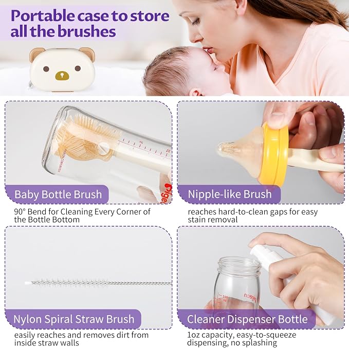 VOOWO Baby Bottle Brush & Drying Rack, Travel Bottle Cleaner Kit, Silicone - Image 3