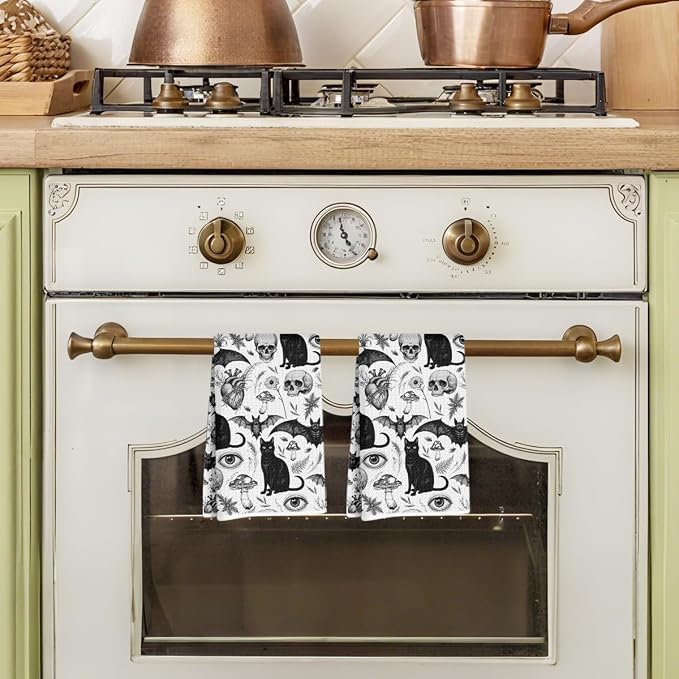 2Pcs Skeleton Cat Kitchen Towels, Mushroom Durable Microfiber Tea Towels - Image 4