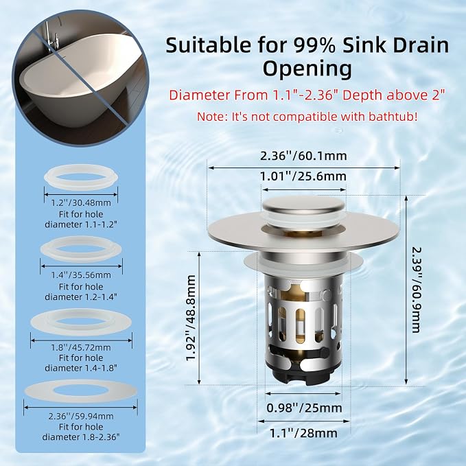 Hibbent 2 Pack Upgraded 3 in 1 Bathroom Sink Drain Strainer, Universal Pop Up - Image 8