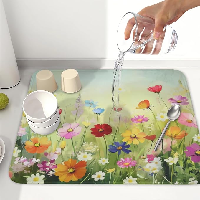 Spring Summer Daisy Dish Drying Mat 16 x 18 Inch Colourful Floral Pattern Dish - Image 6