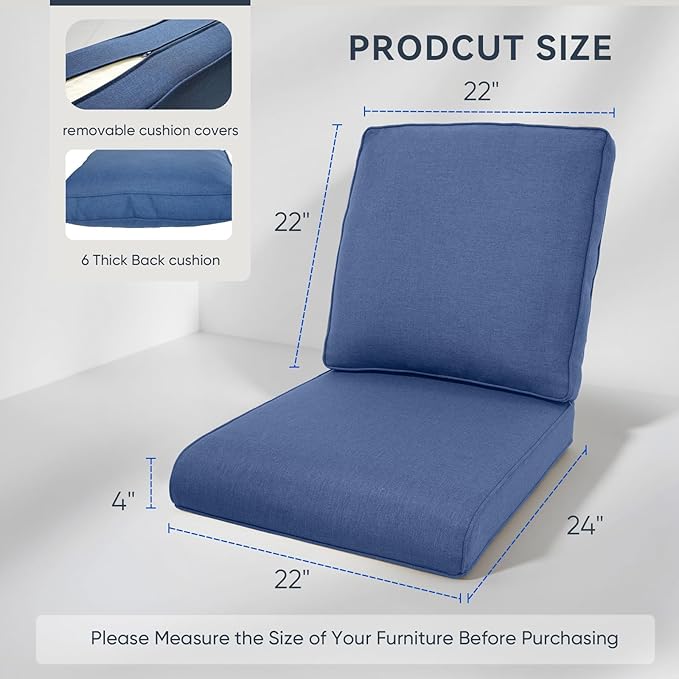 10-Piece Outdoor Patio Cushion Set - Fade & Water Resistant with Removable Olefin Cover, 22x24x4 Inch Memory Foam Cushions for Wicker Sectional Sofa – Blue/Regular