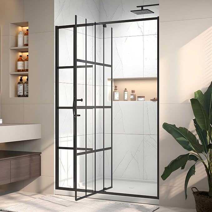 44-48" W x 71" H Pivot Glass Shower Door, Grid Pattern, 1/4" Thick SGCC by Unknown