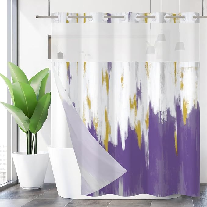 No Hook Shower Curtain with Snap in Liner, Hotel Style Purple White Gold Brush by Caheansi
