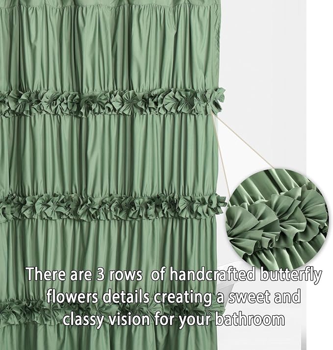 Light Green Ruffle Shower Curtain 72“ W x 84” H, Vintage Handcrafted Bow Tie - Image 2
