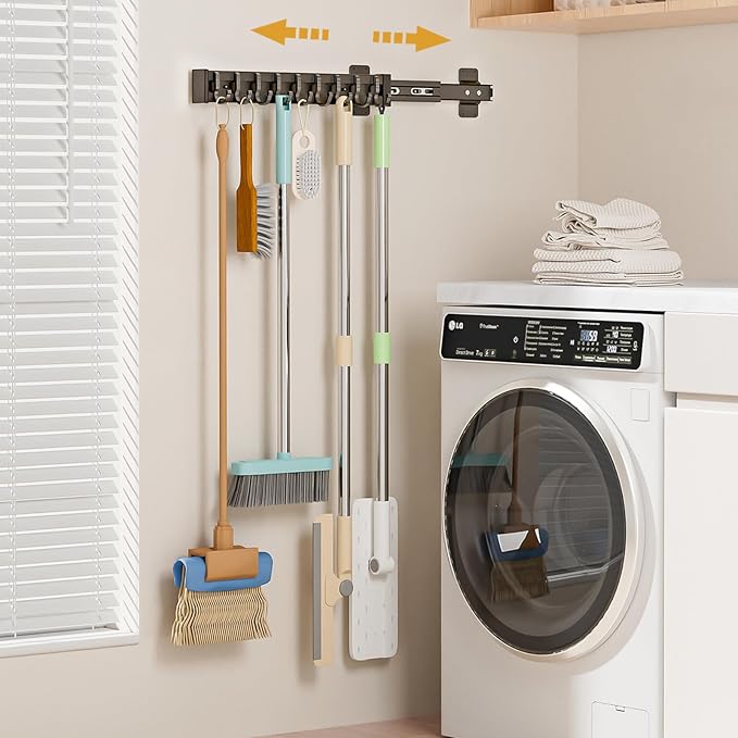 Pull Out Broom Holder With 9 Adjustable Sliding Hook, by PrimZootyDesign