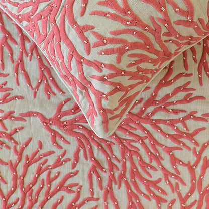 The HomeCentric King/Queen/Twin Coral, Peach & Pink Designer CA King 86"x18" Bed Runner with Pillow Cover, Coral, Pearl Embroidery, Under The Sea & Beach Theme on Linen Fabric - Coraline Pearls