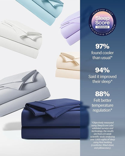 REST® Evercool®+ Starter Sheet Set, Queen, Blue, Breathable Bed Sheets for Hot Sleeper and Night Sweats, with Pillowcases, with Ionic+ Self-Cleaning Silver Yarn for Sensitive Skin, 3PCS No Flat Sheet