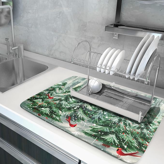 Winter Pine Tree Dish Drying Mat Red Bird Berry Dishes Drainer Mats Absorbent - Image 5