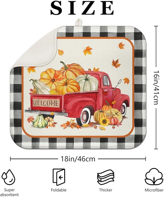 Fall Dish Drying Mat for Kitchen Counter, Autumn Buffalo Plaid Truck Pumpkin - Image 2