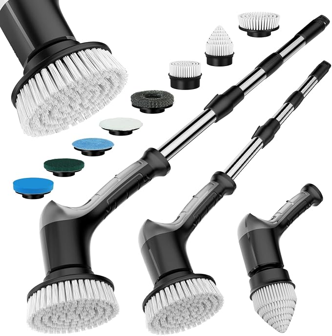Electric Spin Scrubber with 3 Speed, Adjustable Extension Handle, 8 Brush Heads by TUTOBL