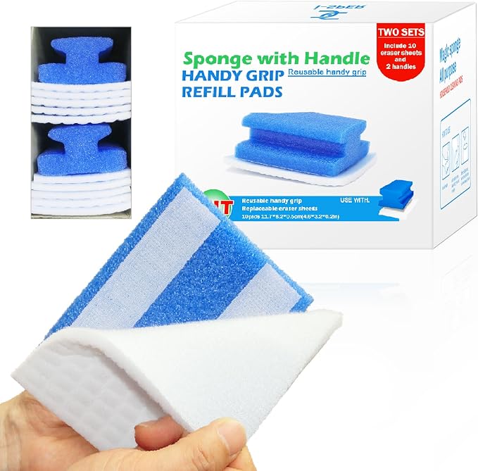 Magic Sponge Brush with Handle, Magic Sponge Eraser Handy-Grip with 10 Scouring by i-SPER